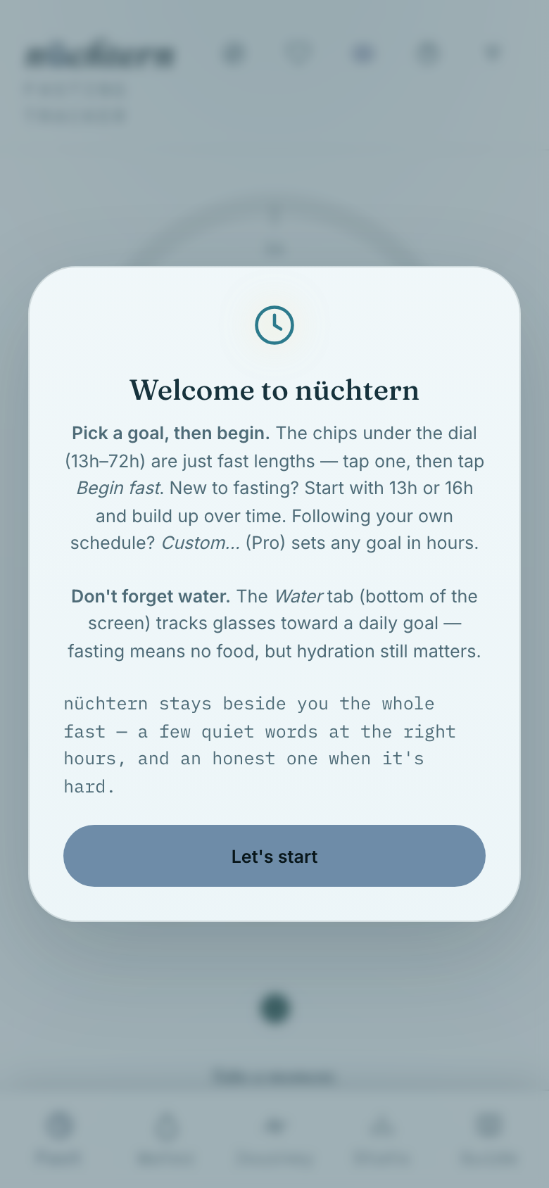 First launch opens with a short welcome — tap Let's start.