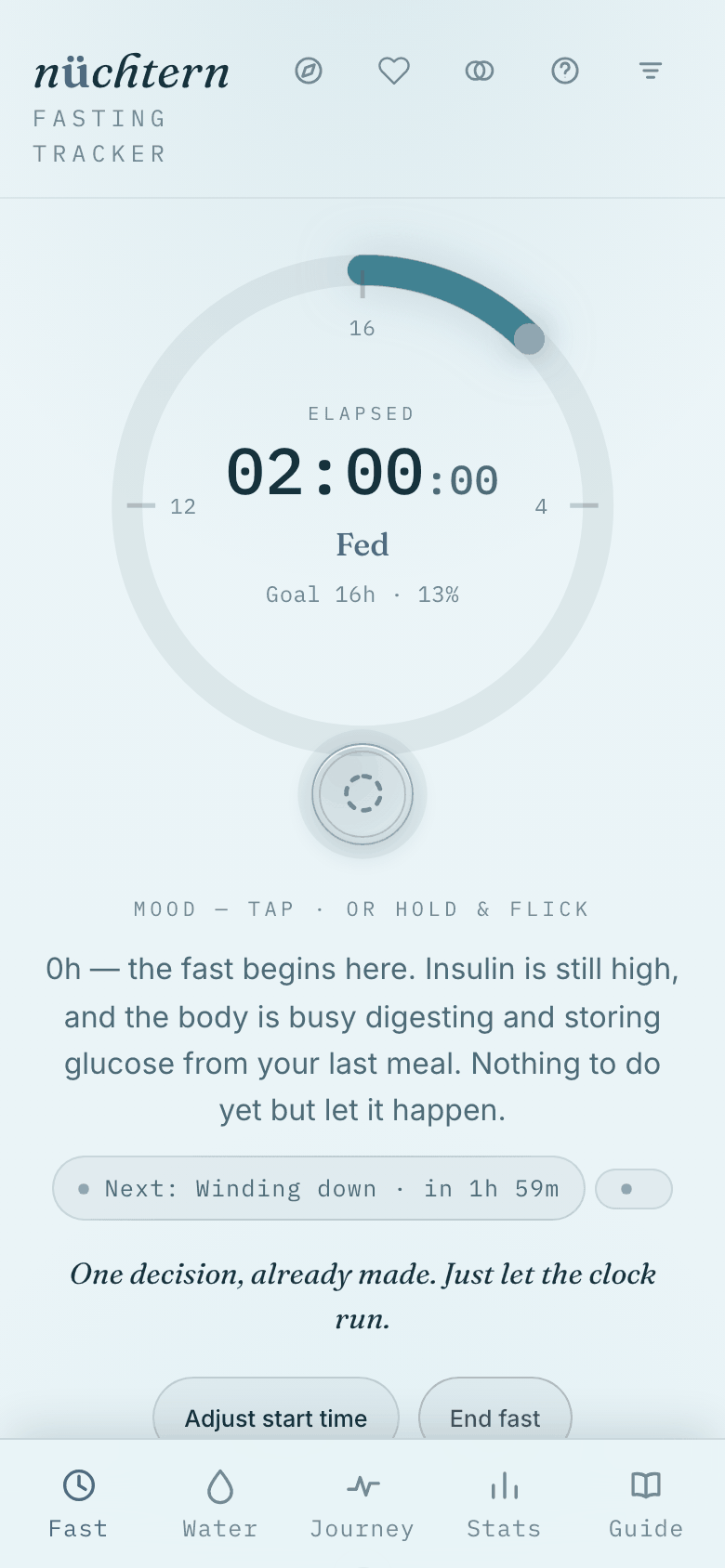 The dial now shows elapsed time and the current metabolic phase.