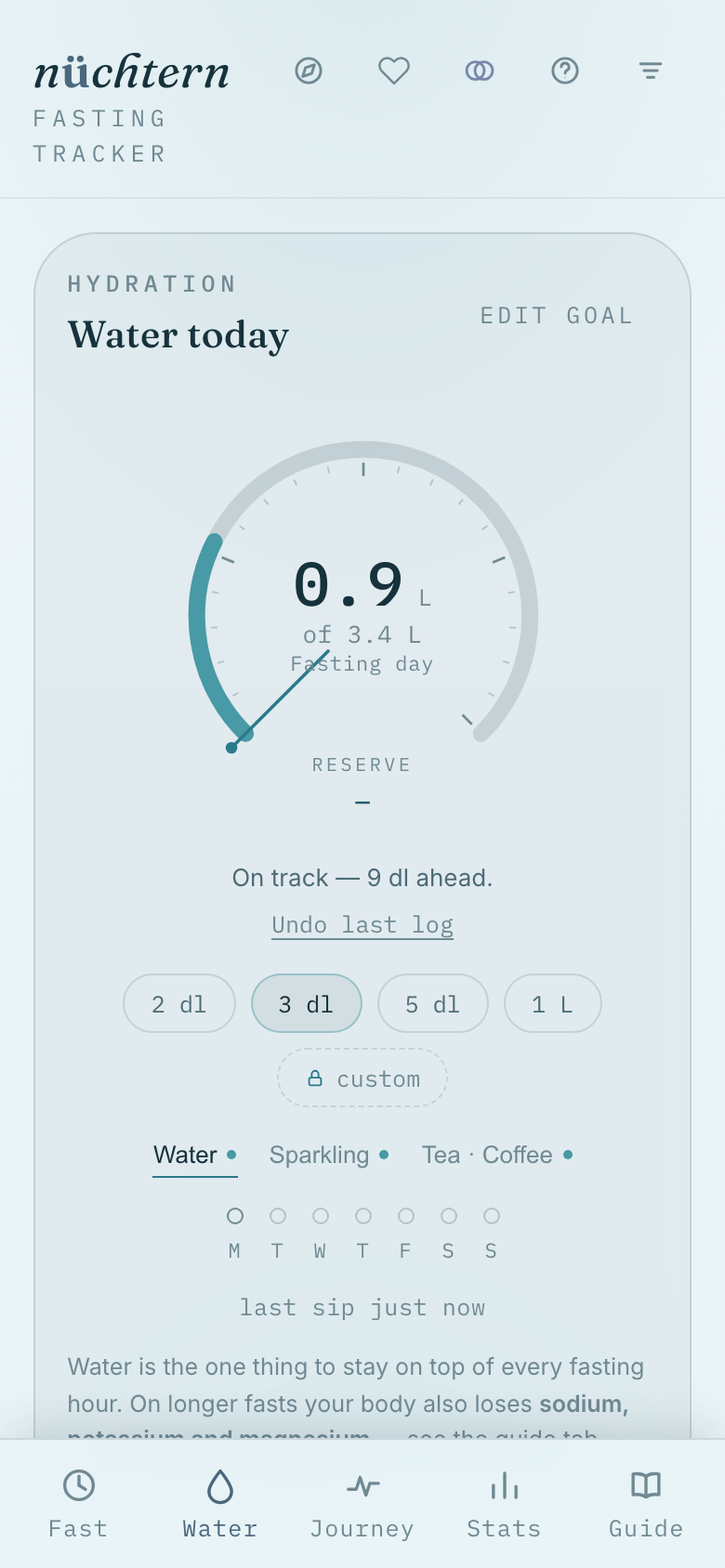 Tap the vessel you just drank — 2 dl to 1 L — and the dial fills through the day.