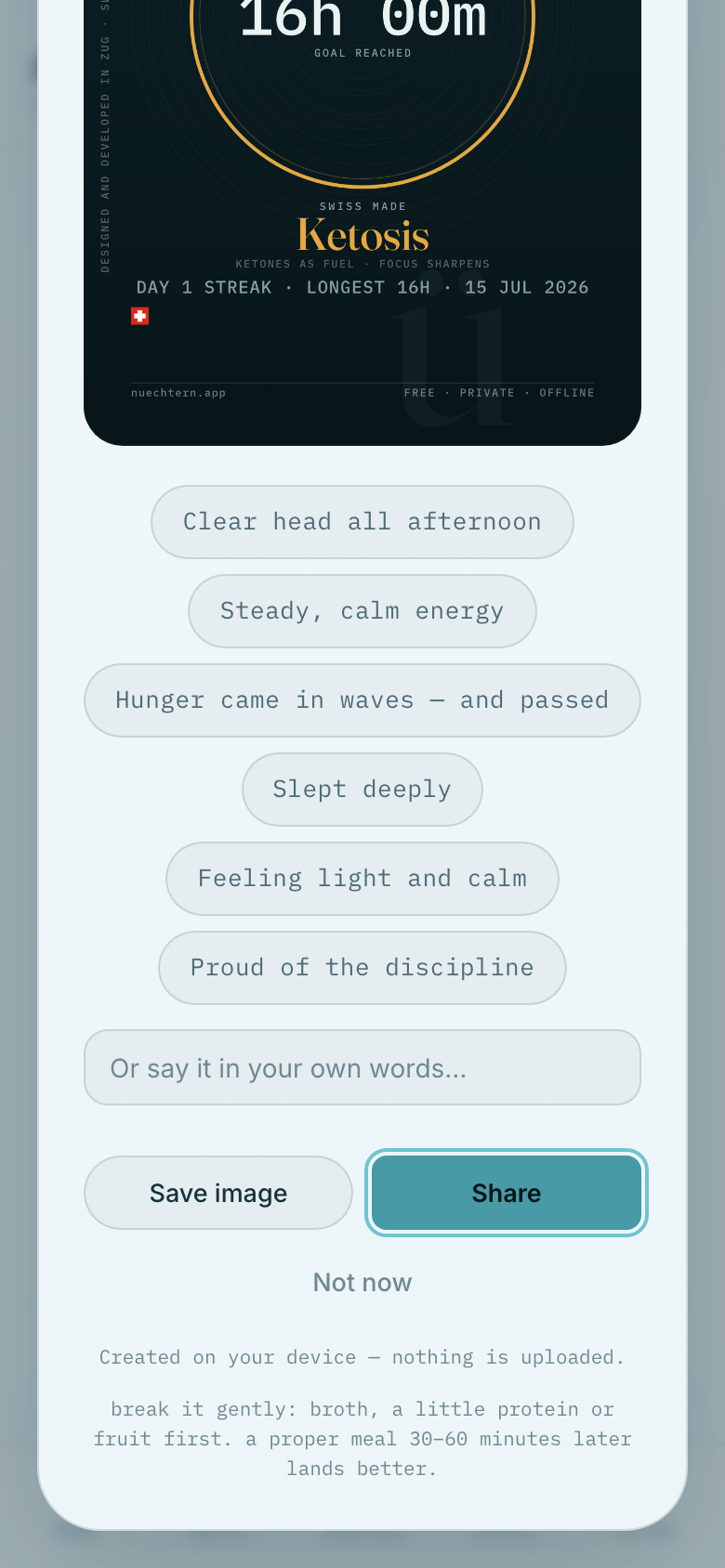 Reaching your goal opens a card marking the moment — automatically.