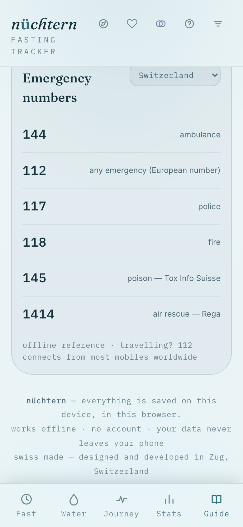 Emergency numbers by country sit at the bottom of the Guide tab.