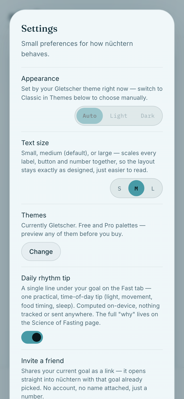 Open settings for appearance, text size, and theme choices.