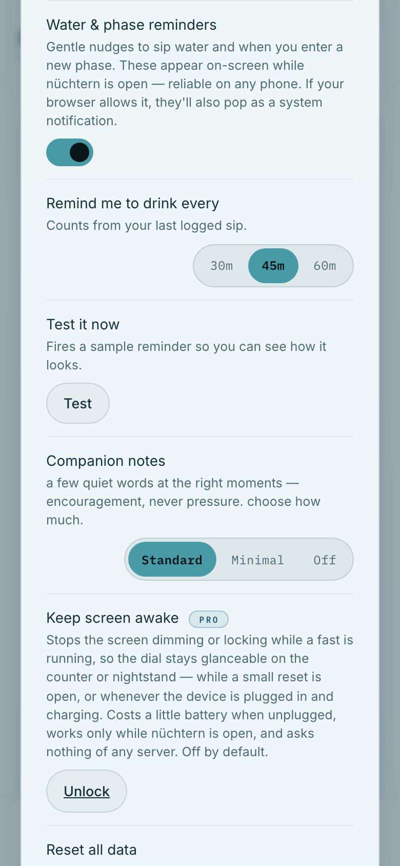 Further down: water reminders, companion notes, and keep-awake.