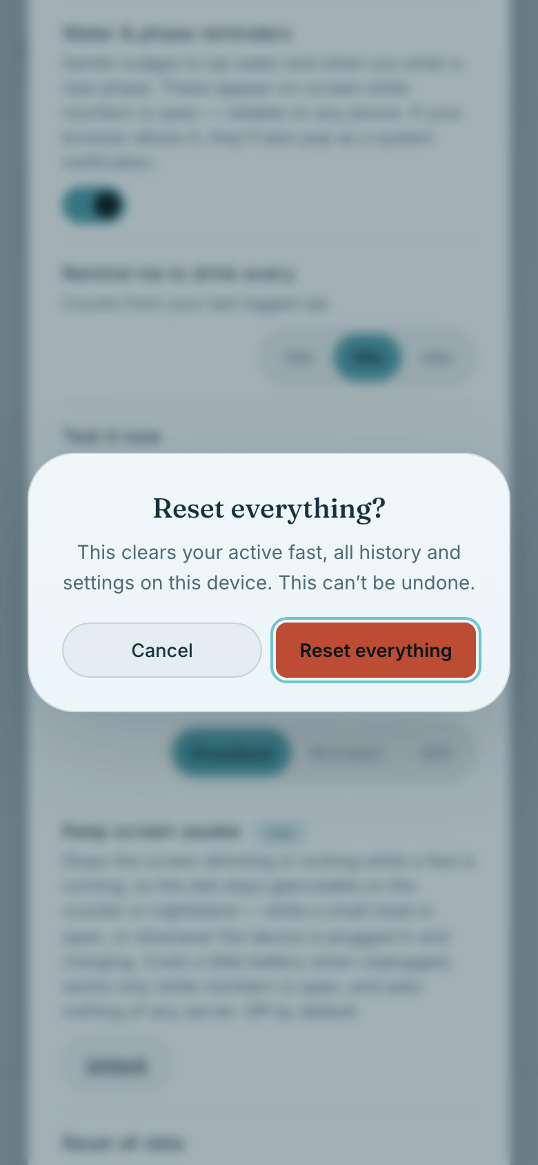 Reset all data always asks for confirmation first.