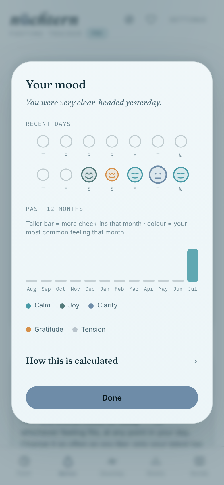 Pro reveals patterns across everything you've logged on the mood dial.
