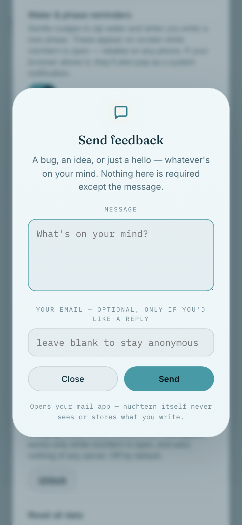 Send feedback reaches us directly — the same inbox as Say hello.